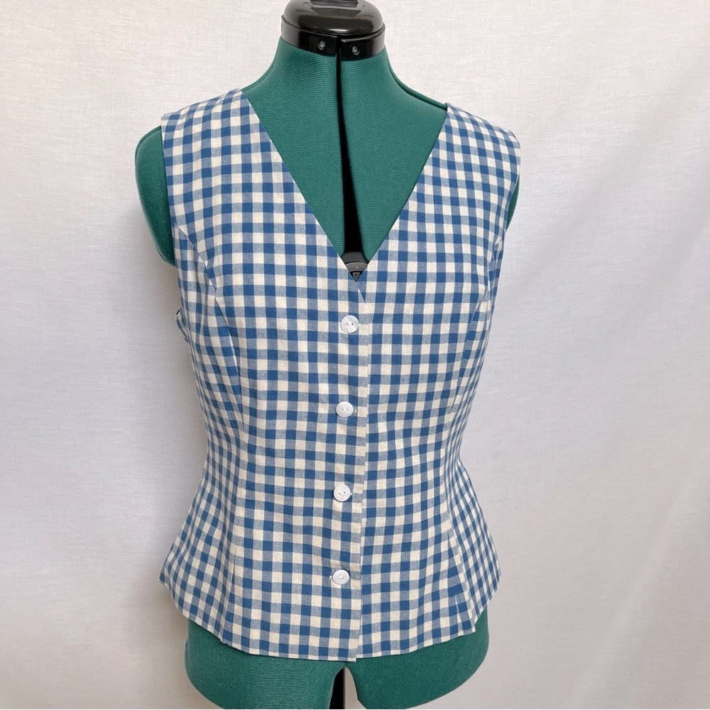 RIHOAS Blue and White Gingham Fitted Button Down Vest
